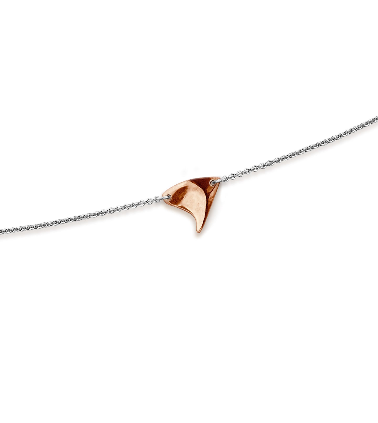 Rose gold high shine finish rose thorn on sterling silver chain close-up
