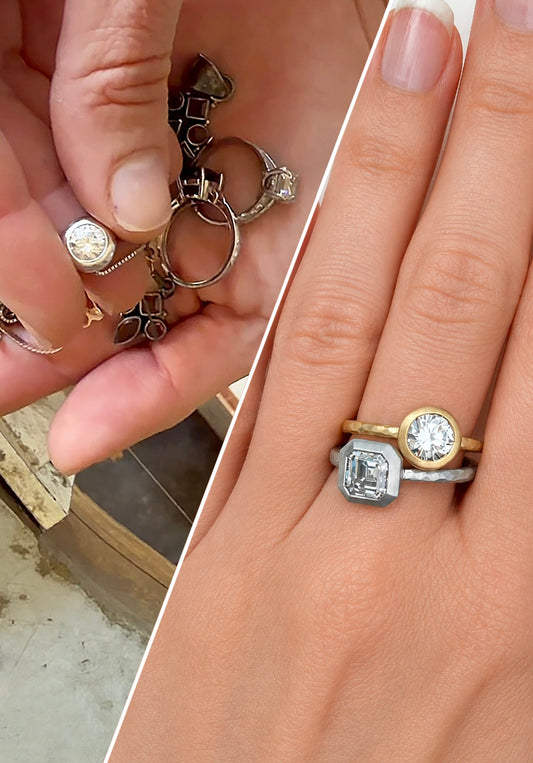 Engagement Ring Redesign: Two Diamonds Reimagined as Custom Bezel-Set Stacking Rings