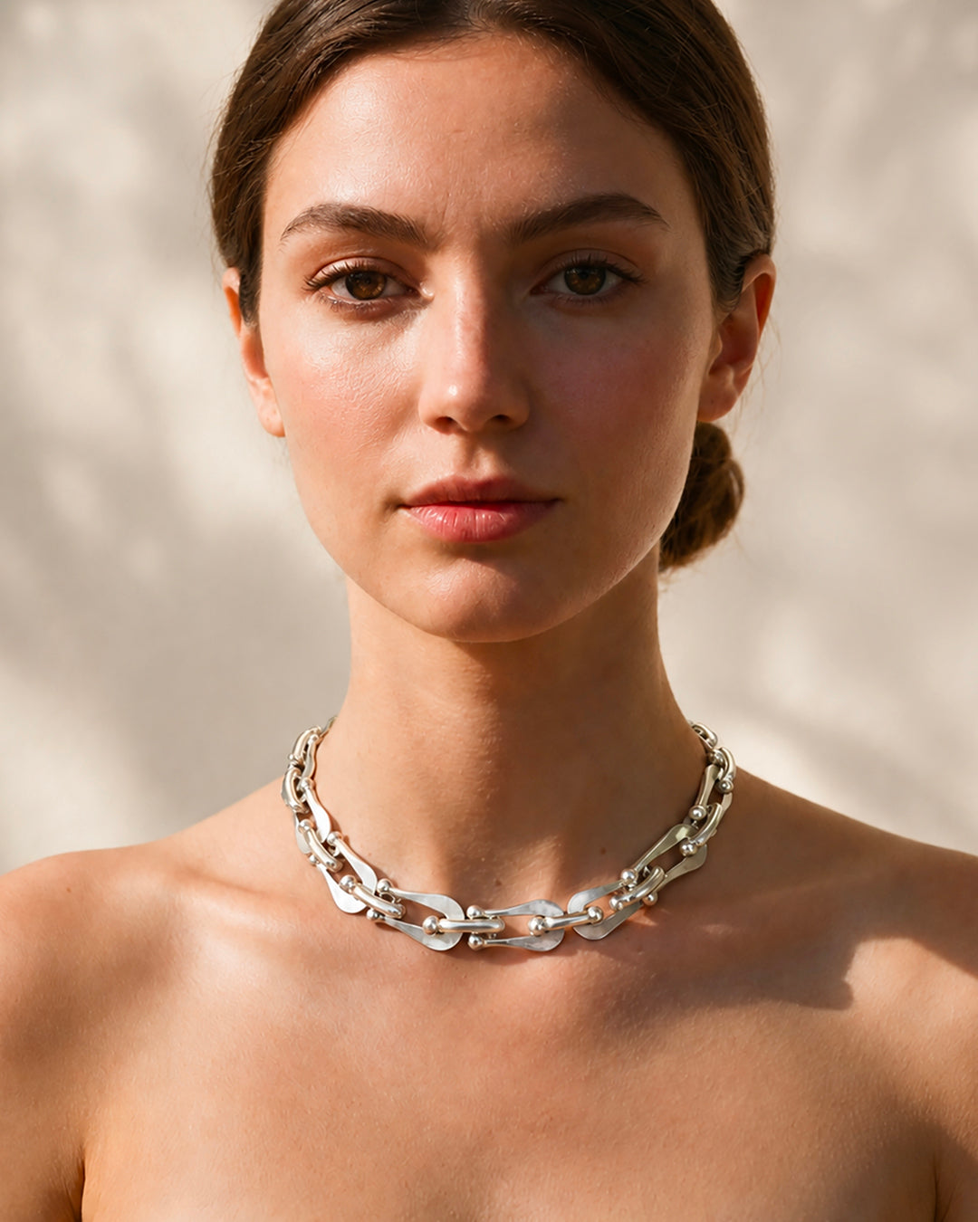 Woman wearing custom sterling silver hammered Ball Chain Necklace