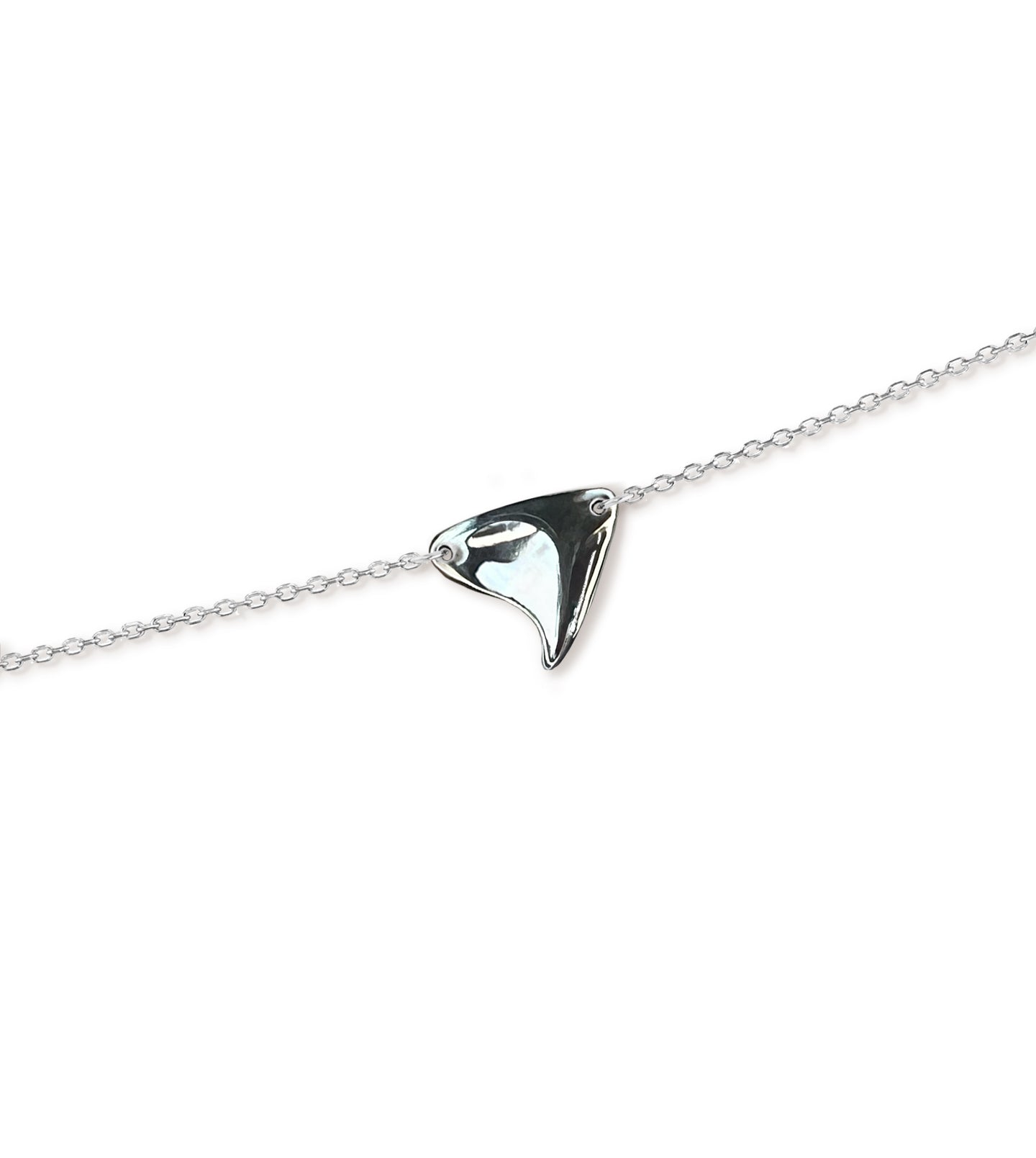 Closeup of a sterling silver rose thorn necklace in a high-shine finish on a white background