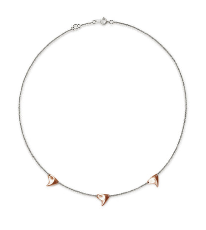 Necklace with three rose gold rose thorns with brushed finish on sterling silver chain 