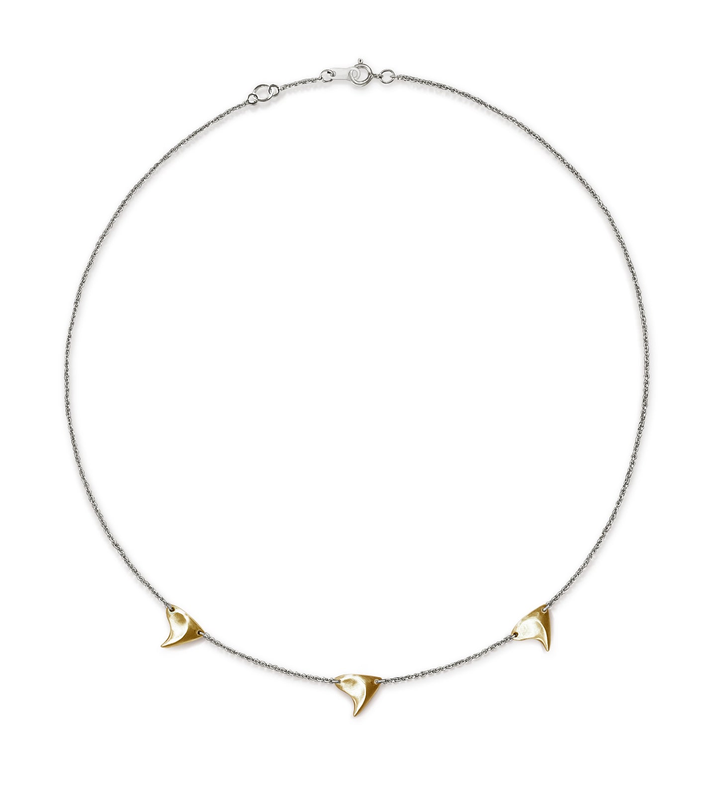 Necklace with three yellow gold rose thorns with brushed finish on sterling silver chain 