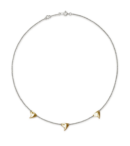 Necklace with three yellow gold rose thorns with brushed finish on sterling silver chain 