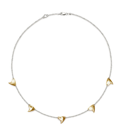 Brushed finish yellow gold five thorn necklace with sterling silver chain