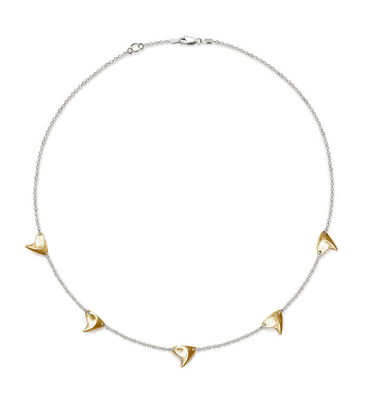 Five brushed finish yellow gold thorns on delicate sterling silver chain