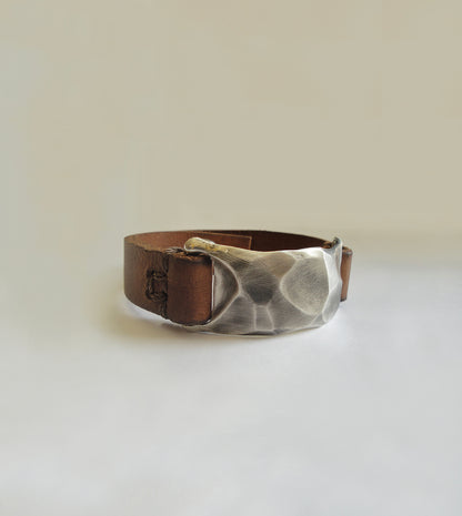 Hand-Carved Silver and Leather Cuff