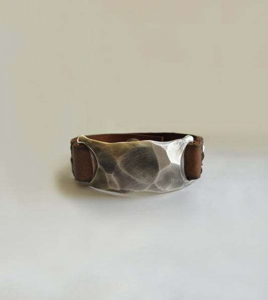 Hand-Carved Silver and Leather Cuff