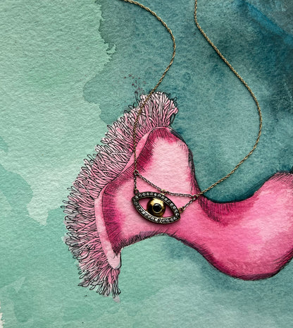 Evil eye pendant necklace shown over a pink-and-teal watercolor sketch