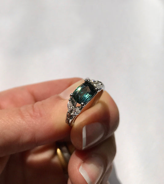 Teal Sapphire Mountain Engagement Ring