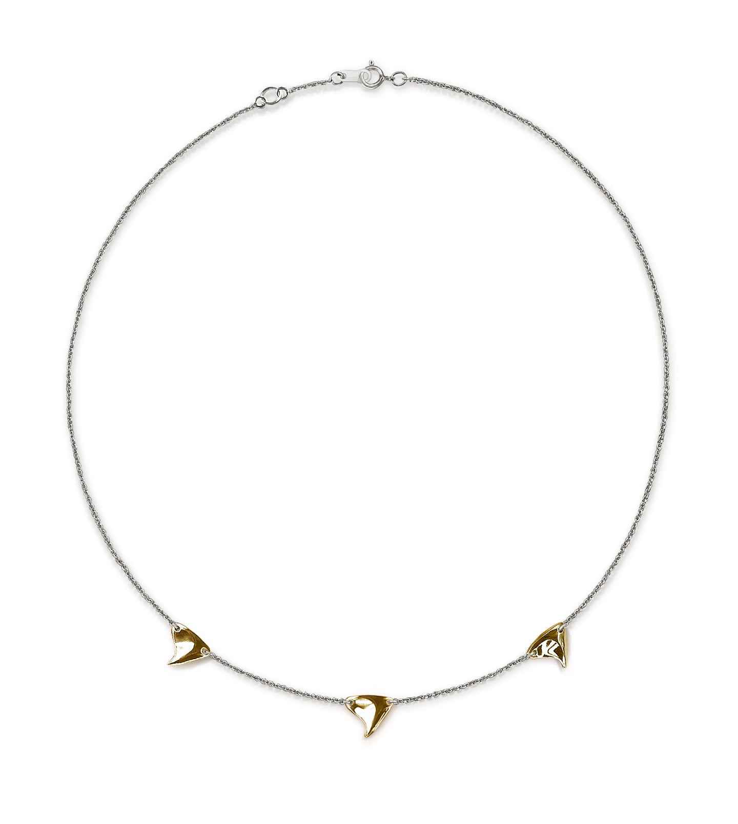 Necklace with three yellow gold rose thorns with high shine finish on sterling silver chain 