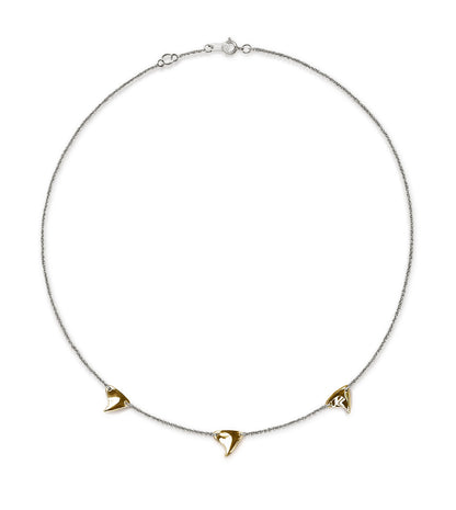 Necklace with three yellow gold rose thorns with high shine finish on sterling silver chain 