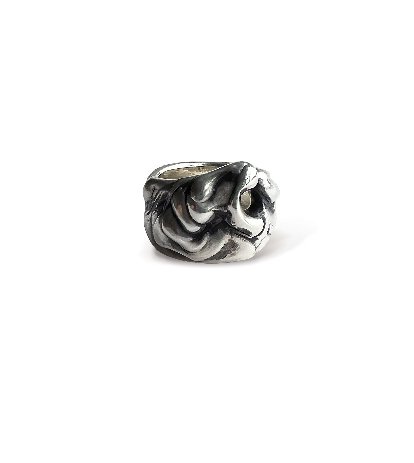 Polished sterling silver wave ring, side view on a light grey background