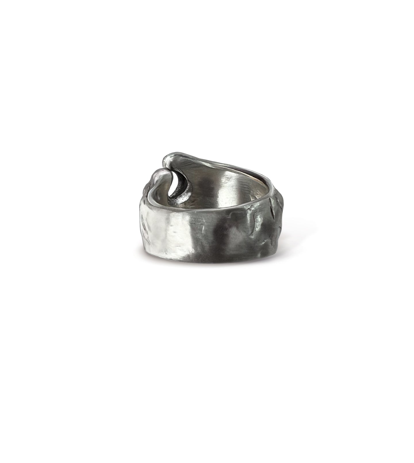 Brushed, blackened sterling silver wave ring on a light grey background