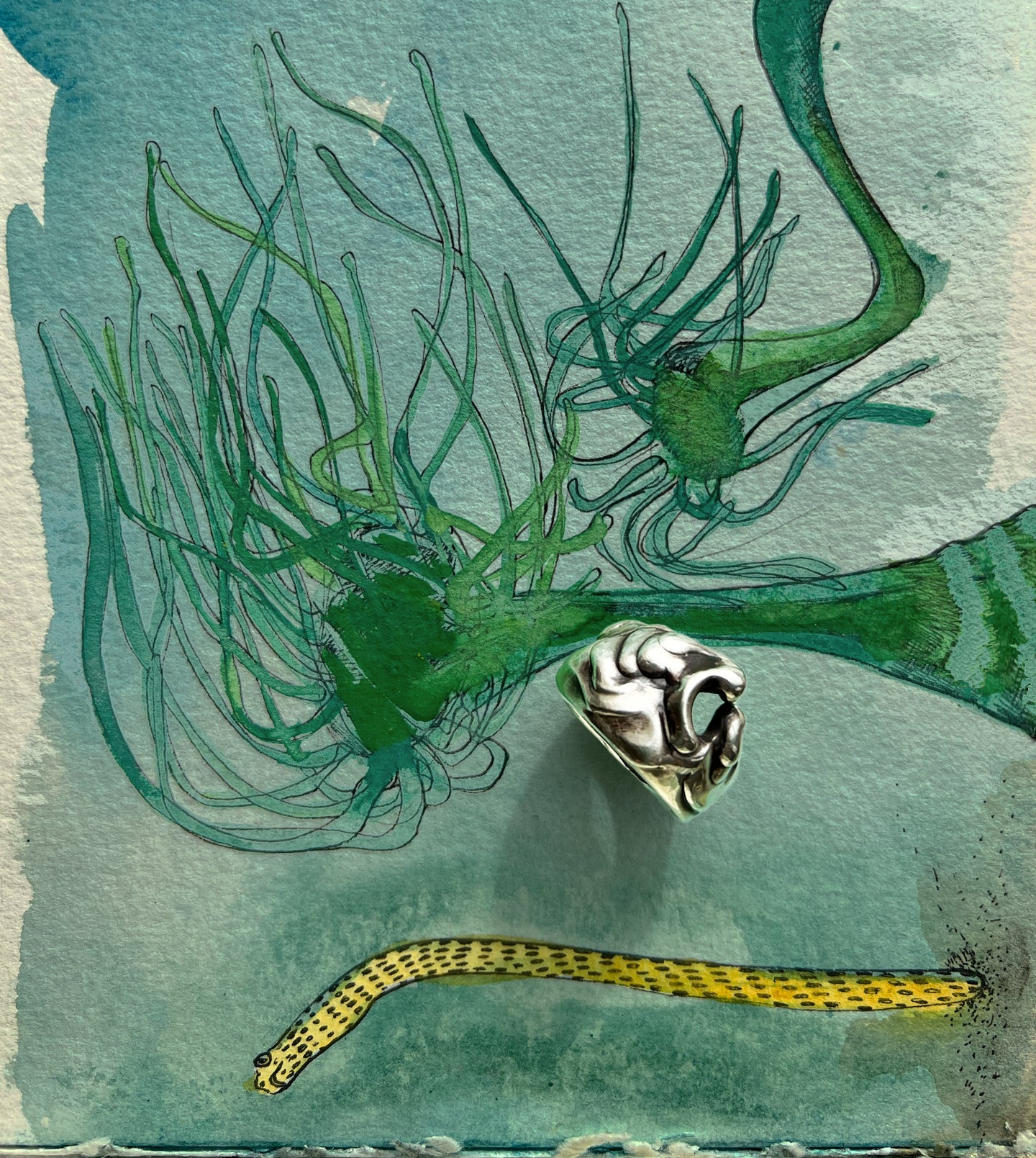 Polished and blackened silver ring on a watercolor painted background